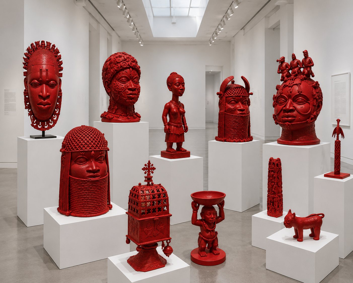 a wide view of the collection installed across white plinths in a contemporary gallery