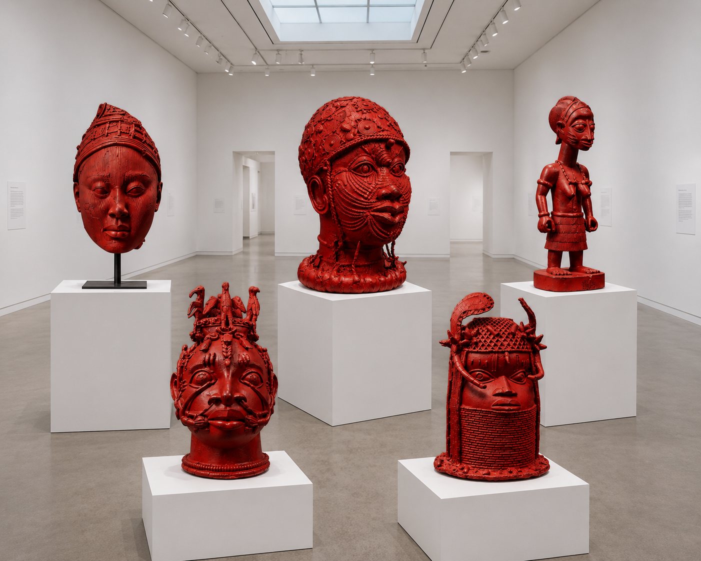 matte-red sculptures on white pedestals in a bright contemporary gallery